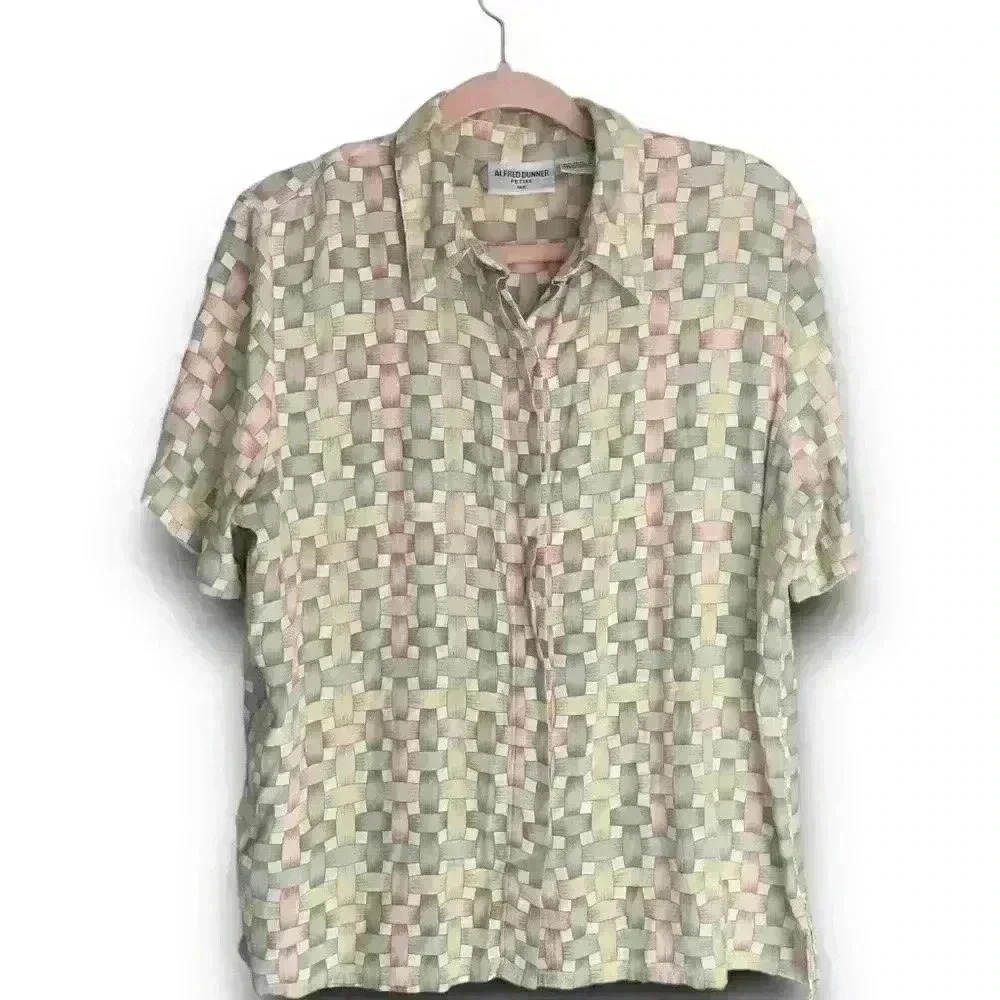 vtg 90s pastel geometric allover print button up‎ top woven basket blouse sz 14p